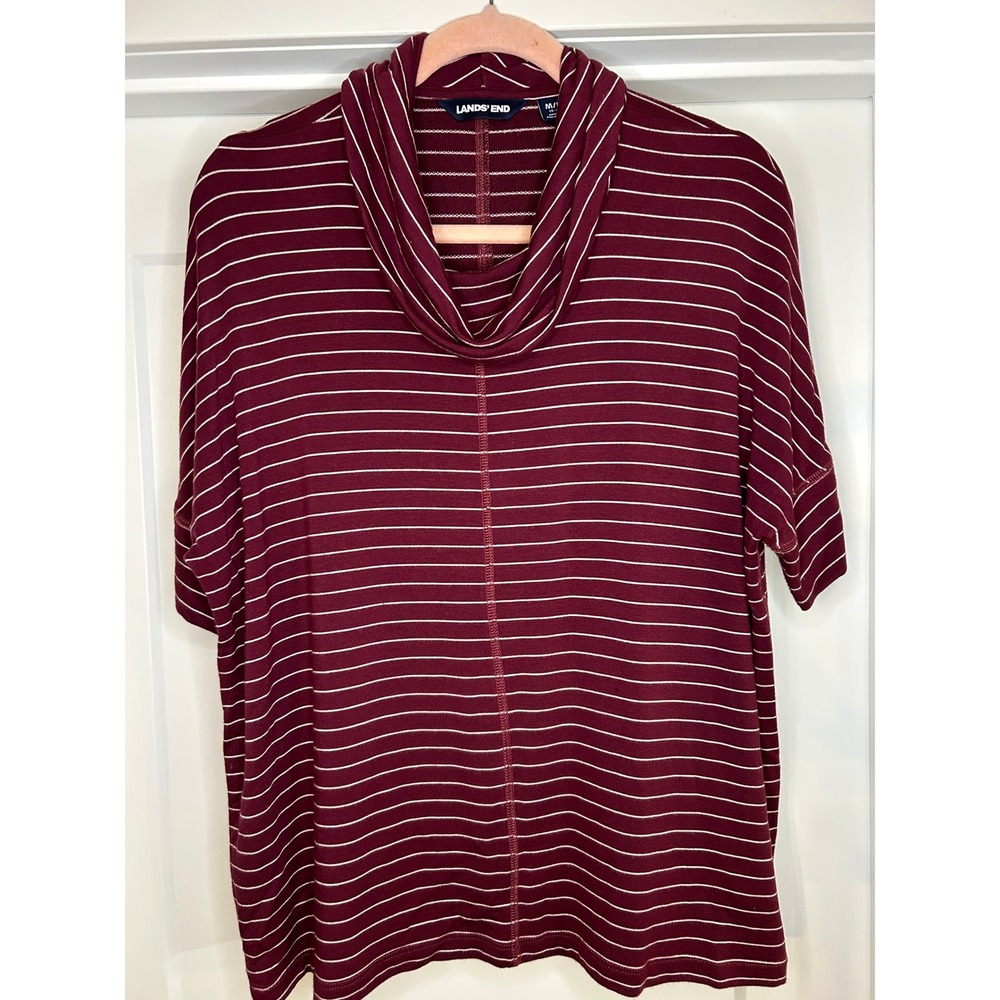 Lands End Burgundy White Striped Cowl Neck Shirt Womens Medium Petite Dolman